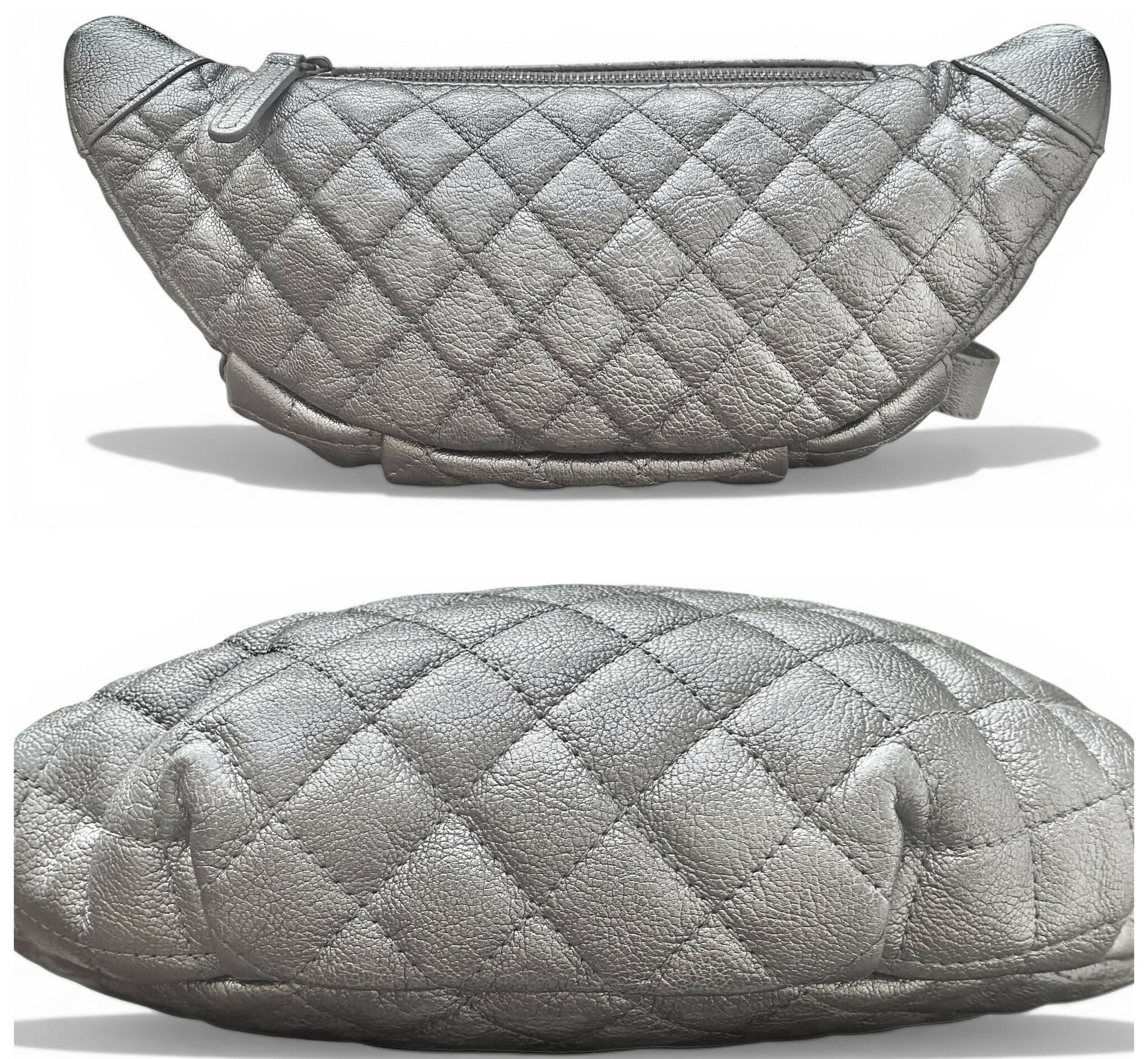 Chanel Quilted Metallic Silver Goatskin Banana Classic Waist Bag Fanny Pack