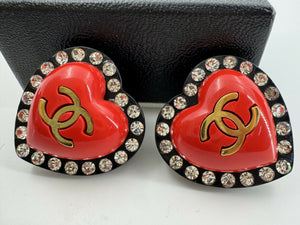 Chanel Vintage 95P Rhinestone  Gold Plated Heart-shaped Black and Red Clip-on Earrings