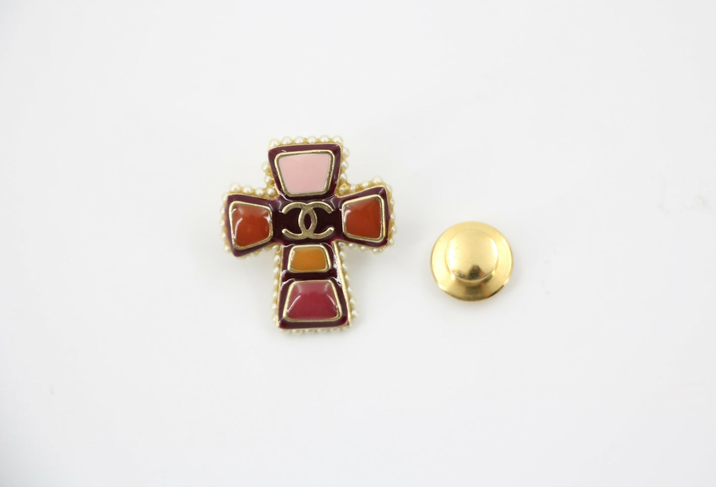Chanel Vintage 03A Gripoix Red-Orange Imitation Pearl Cross Brooch