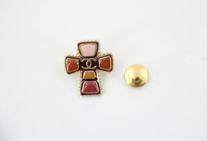 Chanel Vintage 03A Gripoix Red-Orange Imitation Pearl Cross Brooch