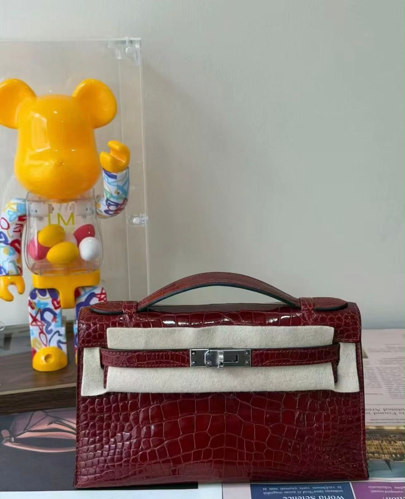 Hermes Kelly Pochette Bordeaux shiny alligator palladium hardware