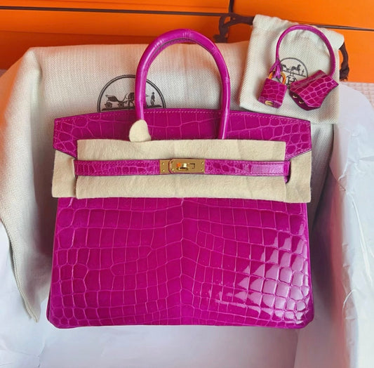 Hermès Birkin 25 Rose Scheherazade shiny crocodile leather gold hardware