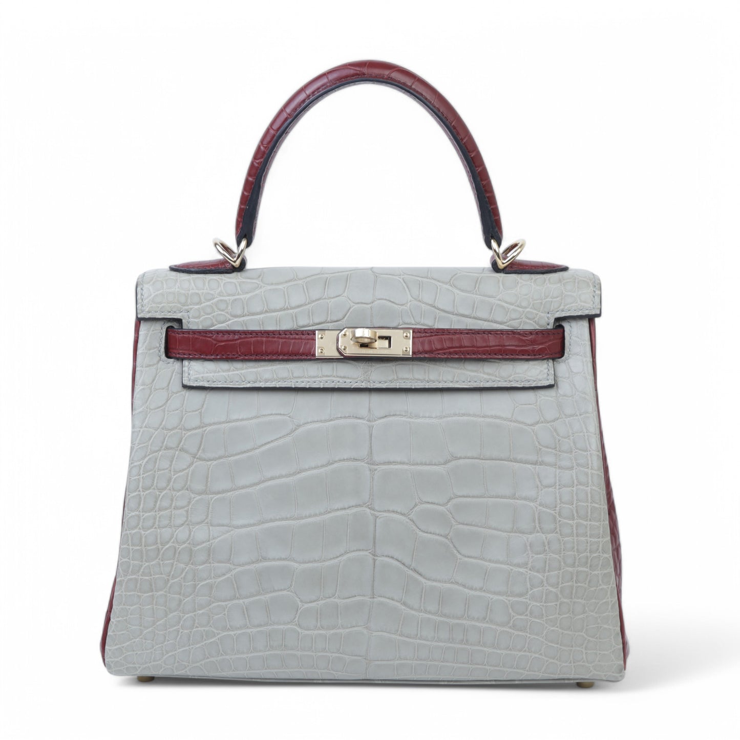 Hermes Kelly 25 Gris Perle Rouge H Matte Alligator Permabrass hardware