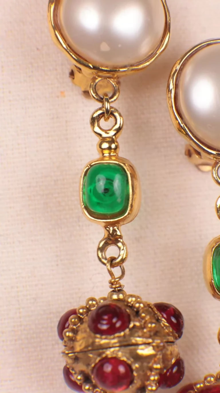 Chanel Red and Green Glass Pendant Pearl Clip-on Earrings