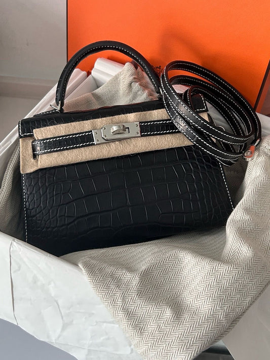 Hermès Mini Kelly 20 Black Matte Crocodile Leather Palladium Hardware