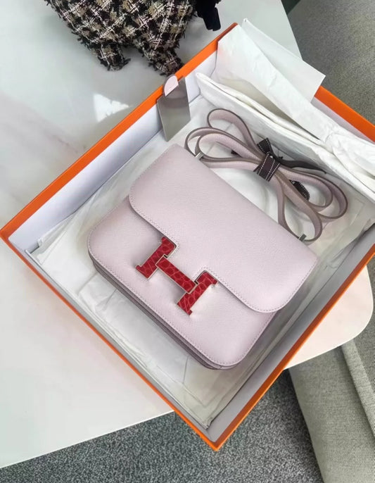 Hermes Constance mini touch Mauve Pale/ Red crocodile