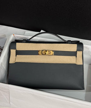 Hermes Kelly Pochette Gris Misty Swift Gold hardware