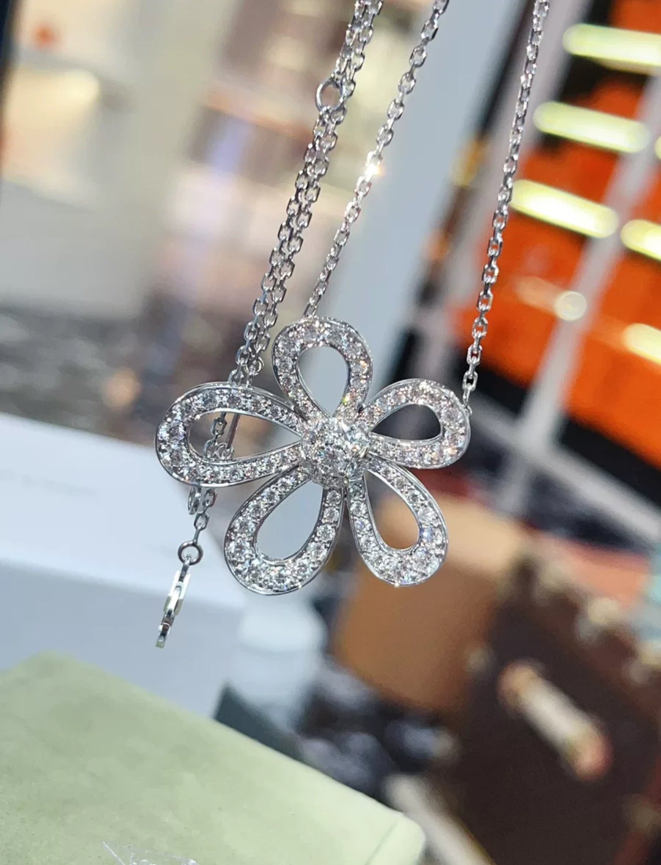 Van Cleef Arpels White Gold and Diamond Flowerlace Pendant Necklace