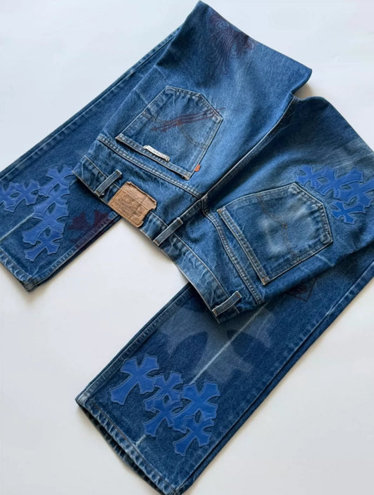 Chrome Hearts Levis Stencil Blue Cross Patch Denim Jeans