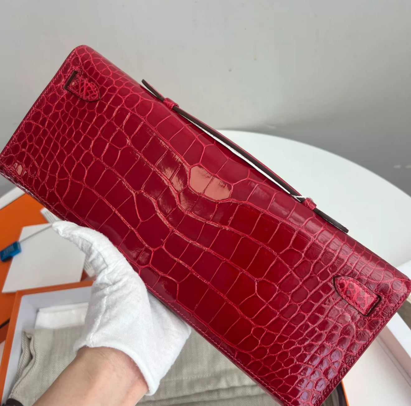 Hermes Kelly Cut Red Alligator Leather Gold Hardware