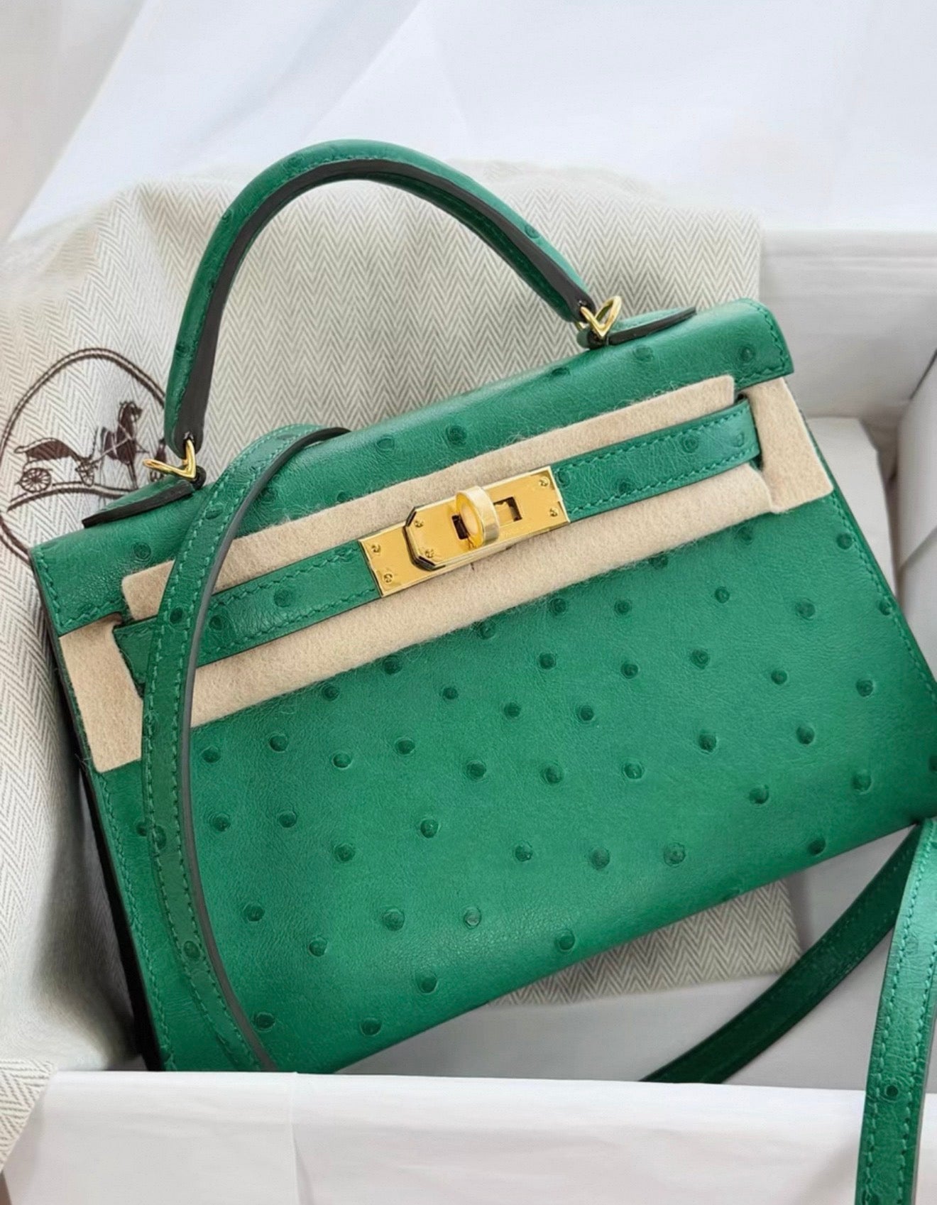 Hermès Mini Kelly Emerald Green Ostrich leather gold hardware