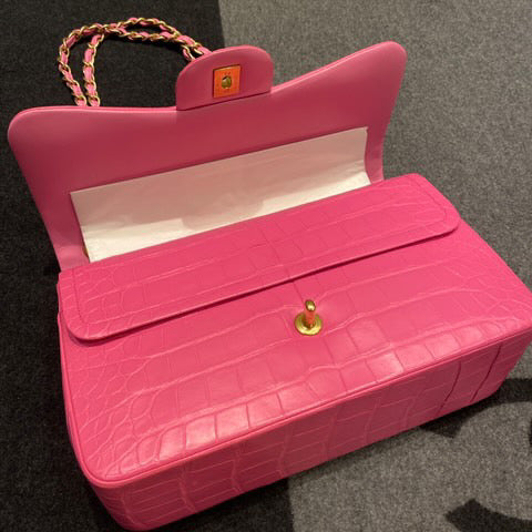 Super Rare Chanel Medium flap Pink Barbie Matte Alligator leather with gold hardware