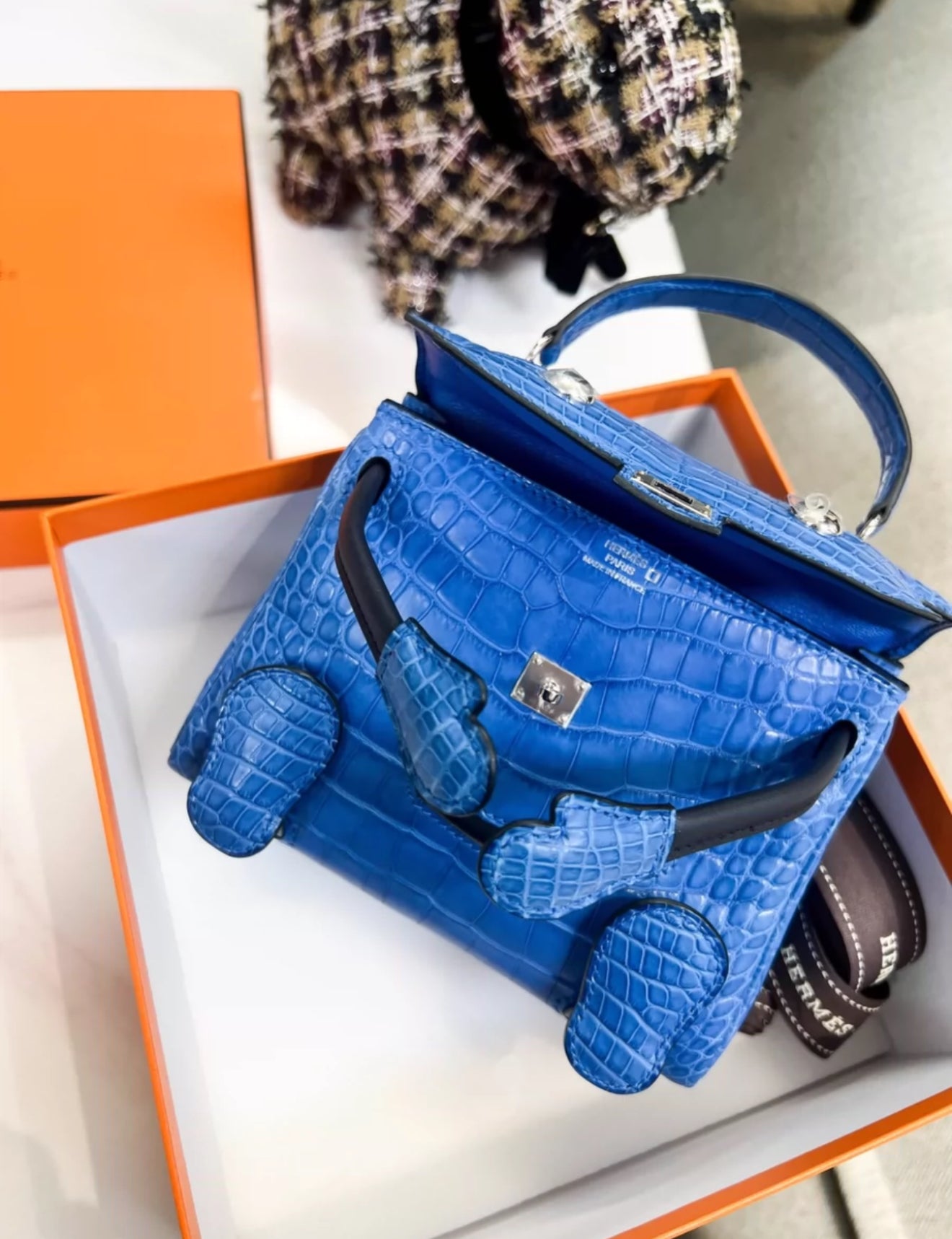 Hermes Kelly Doll Bleu Electric Matte Alligator  Black Swift Leather Palladium Hardware