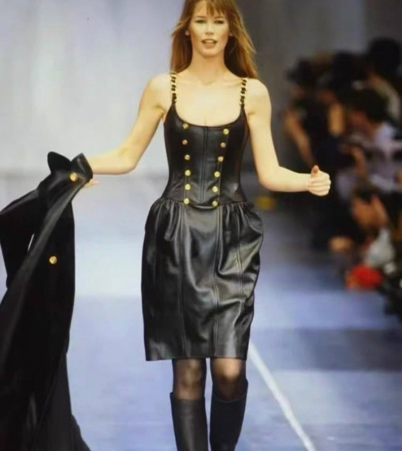 Rare Chanel 1993 Black Leather Dress with Gold Chain, FR36