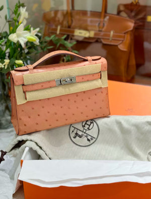 Hermes Kelly Pochette Pink Terre Cuite Ostrich Leather Palladium Hardware