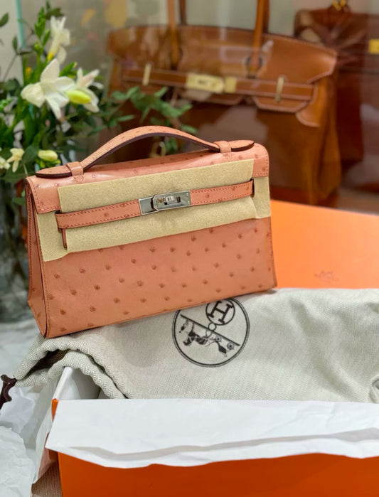 Hermes Kelly Pochette Pink Terre Cuite Ostrich Leather Palladium Hardware