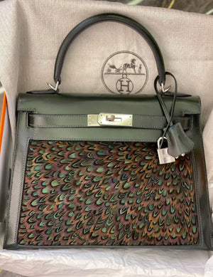 Hermes Kelly 28 Vert Fonce Calf Box Leather Peacock Feather Palladium Hardware