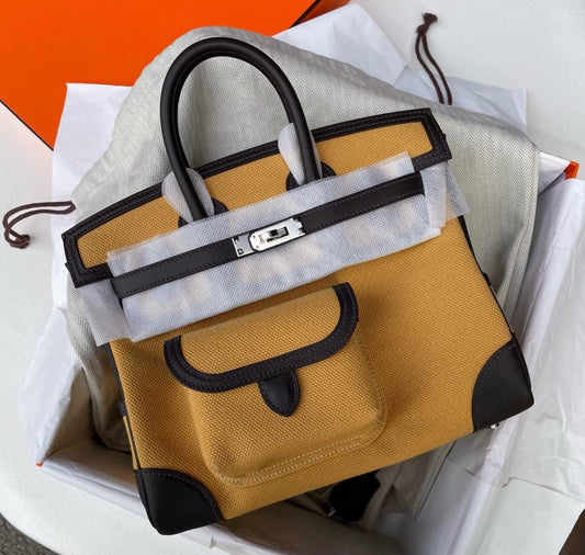 Hermes Birkin 25 Cargo Paille Toile  Bai Brun Swift Palladium hardware