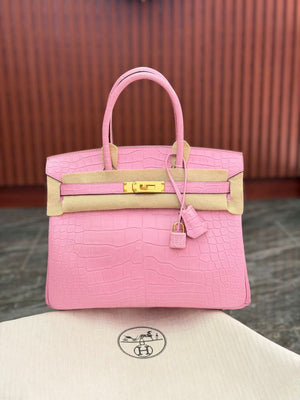 Hermes Birkin 30 Bubblegum Matte Alligator Gold hardware