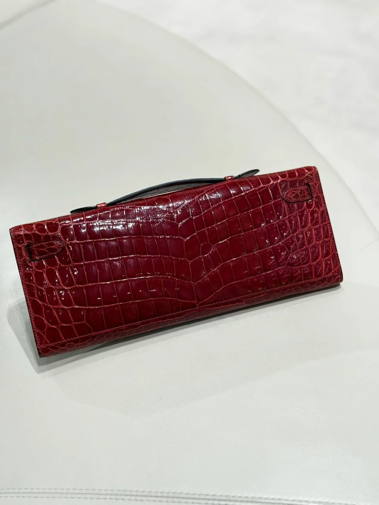 Hermes Kelly cut Rouge Braise shiny crocodile leather palladium hardware