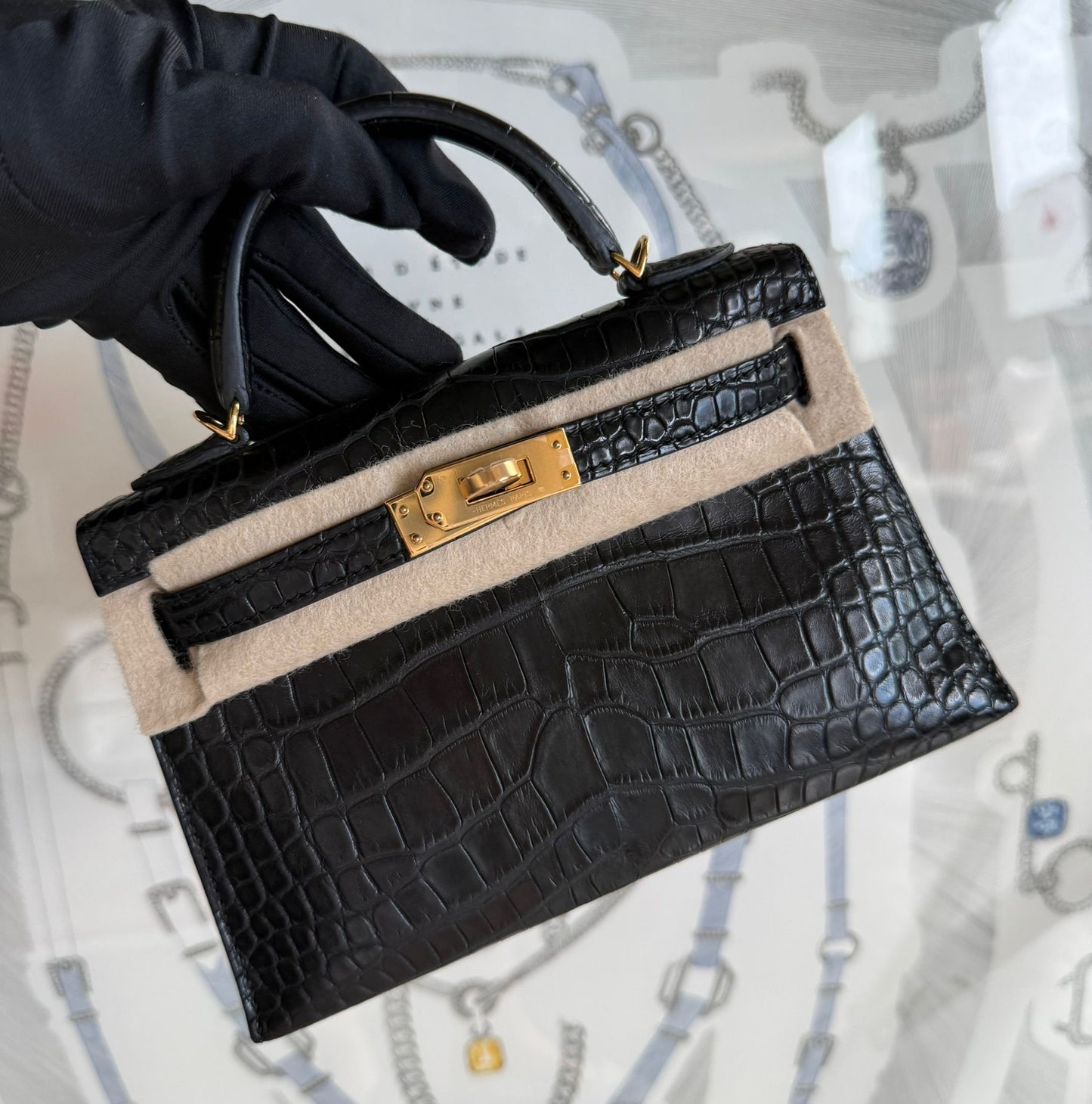 Hermes mini Kelly 20 black matte alligator gold hardware