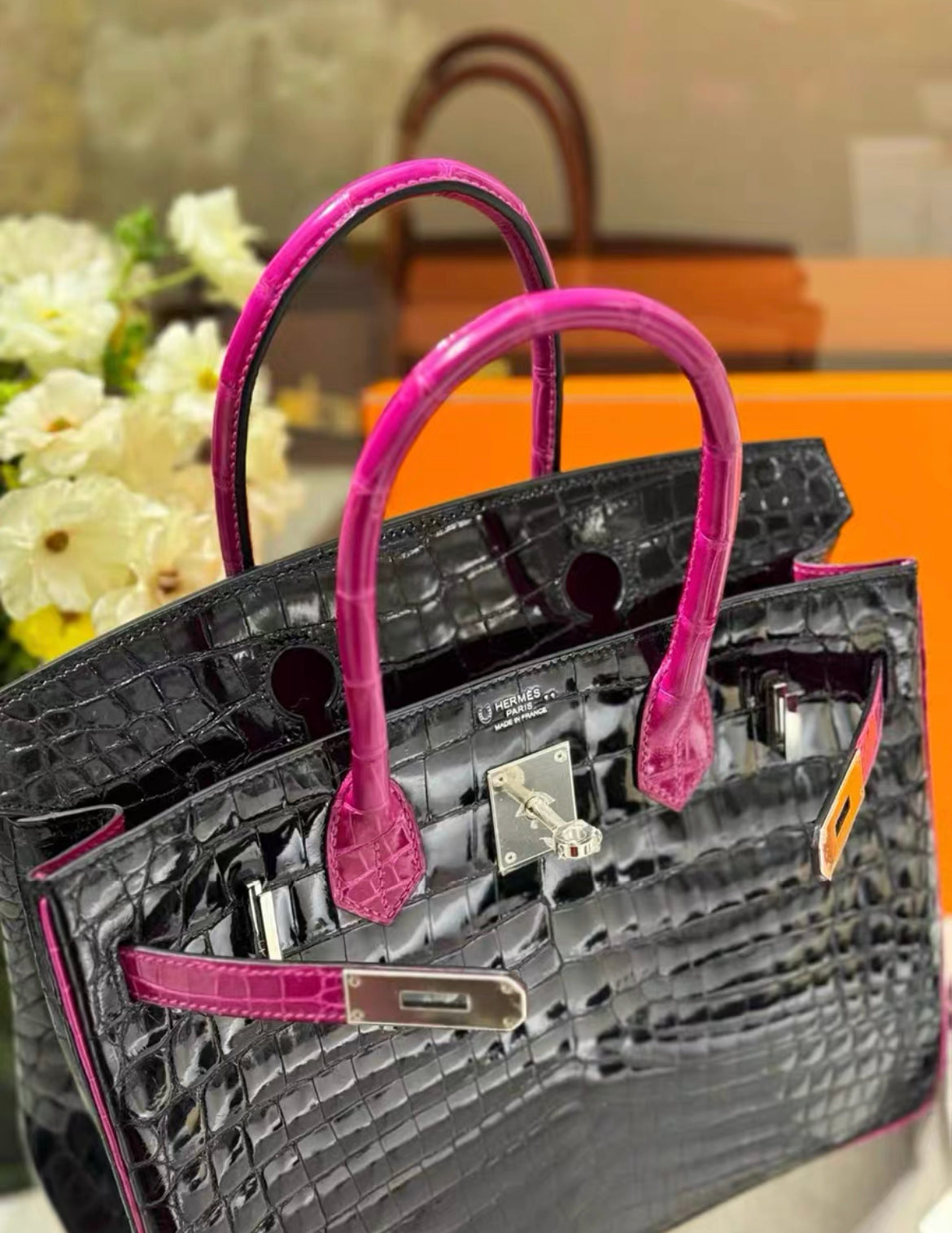 Hermes Birkin 30 Niloticus Crocodile Black Fuchsia Pink Palladium Hardware