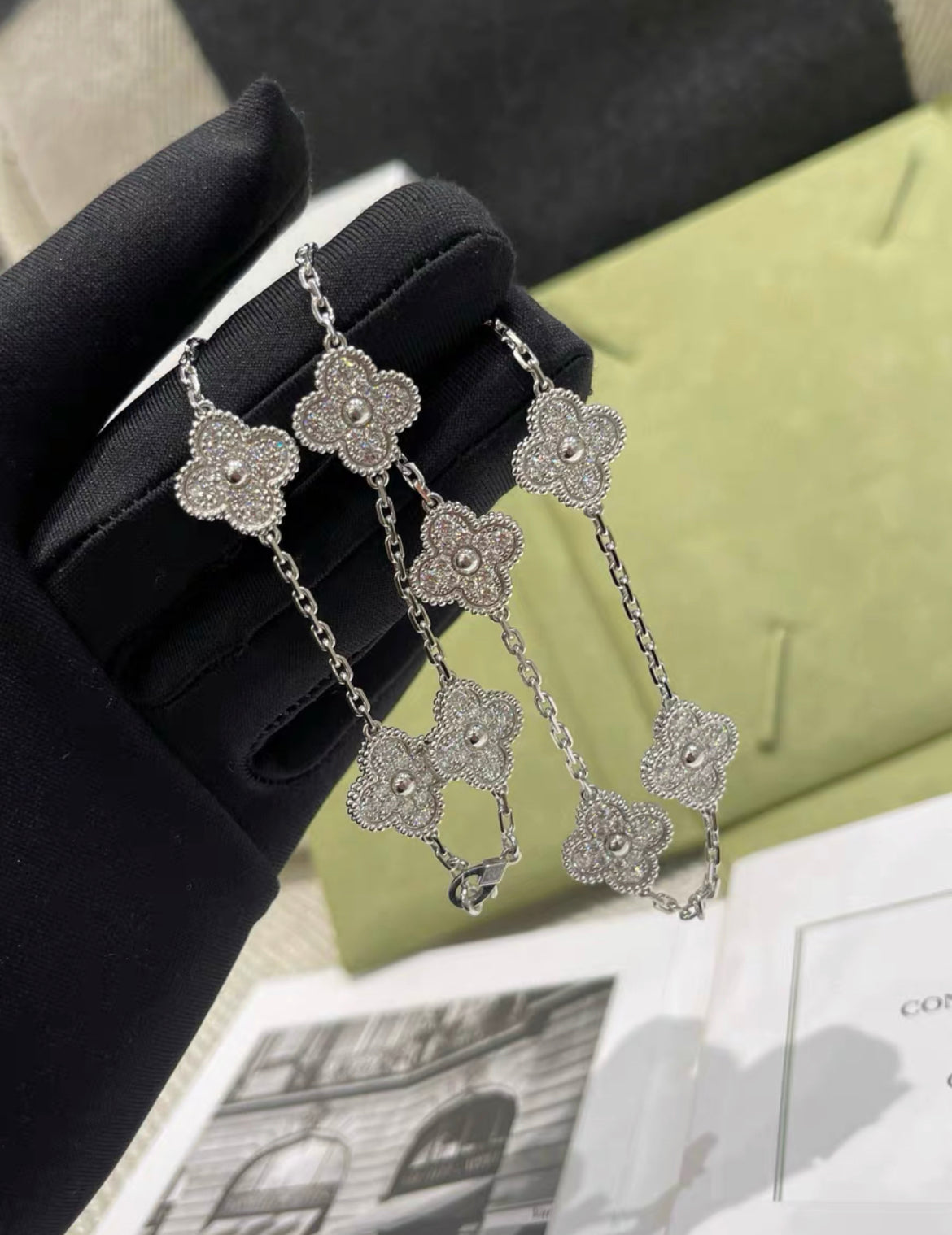 Van Cleef  Arpels 10 Motifs Vintage Diamond Alhambra 18k White Gold Necklace