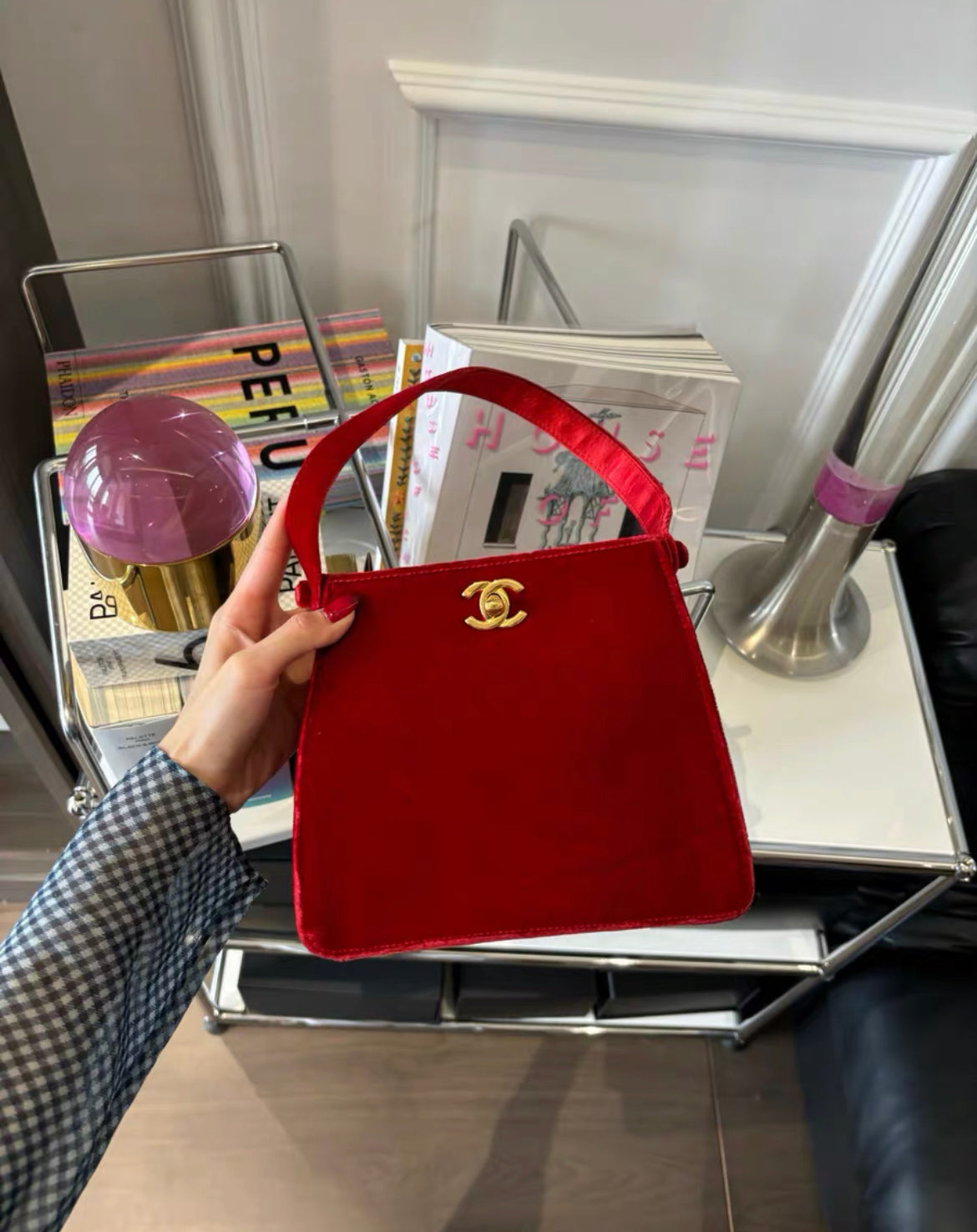 Chanel Rare Vintage Classic Velvet Red Kelly Bag Gold Plated Hardware