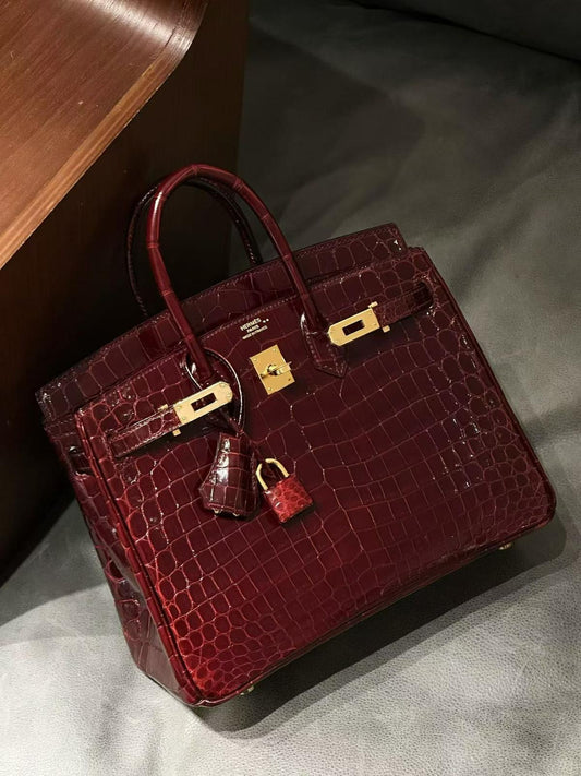 Hermes Birkin 25 Rouge Bordeaux Burgundy shiny crocodile leather gold hardware