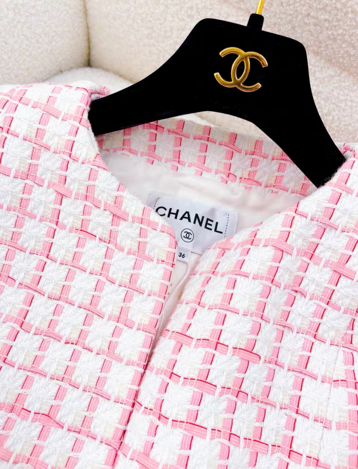 CHANEL SIZE 36 22S TWEED JACKET COTTON/ACRYLIC LIGHT PINK/WHITE