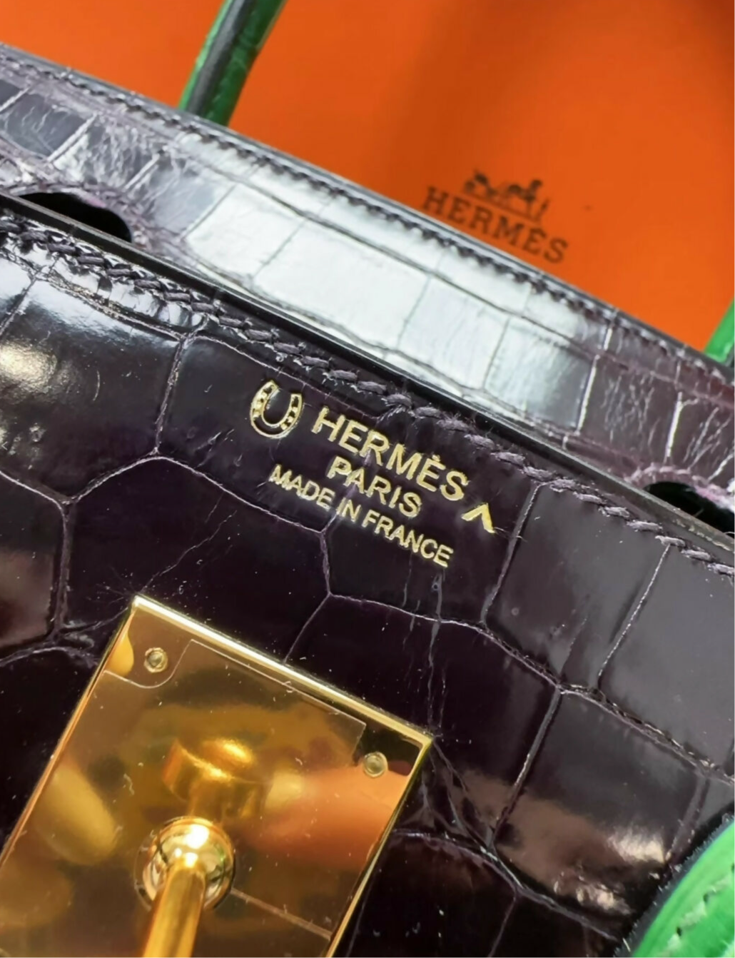 Hermes Birkin 30 Amethyst/Green Crocodile Gold Hardware