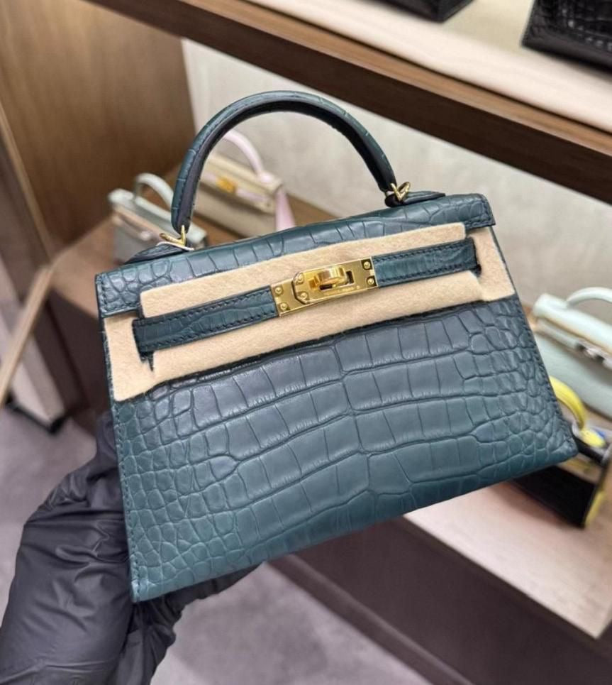 Hermes Mini Kelly 20 Vert Rousseau Matte Alligator Gold hardware