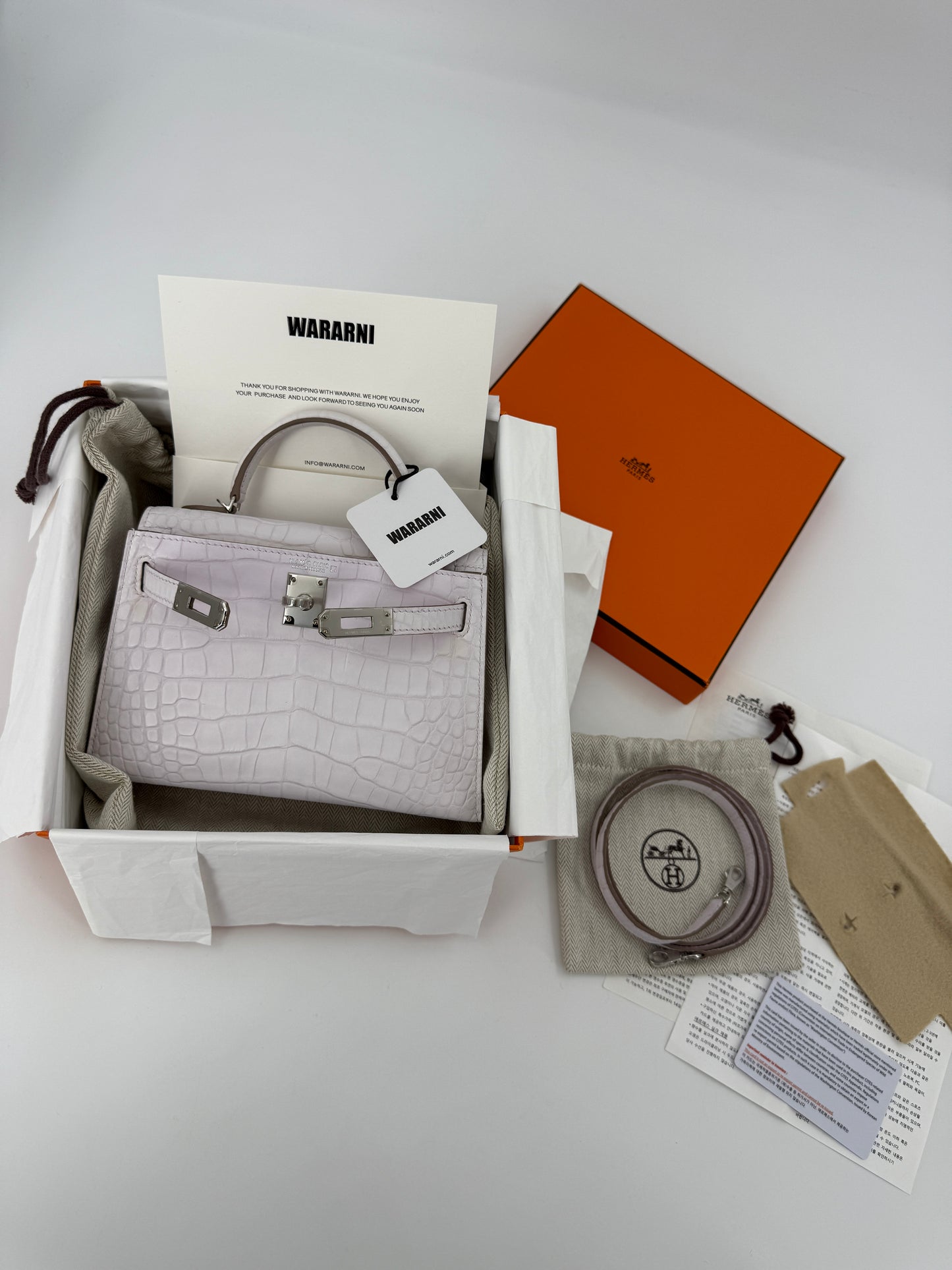 Hermes Mini Kelly 20 mauve pale matte alligator leather palladium hardware