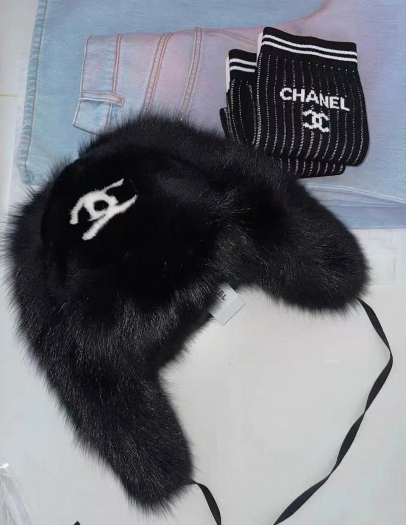 Rare Chanel black white fur headwear