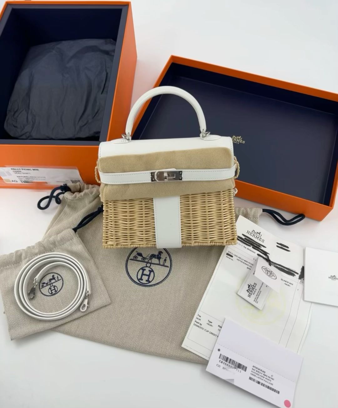 Hermès Mini Kelly 20 “Picnic” White Swift Leather  Palladium Hardware