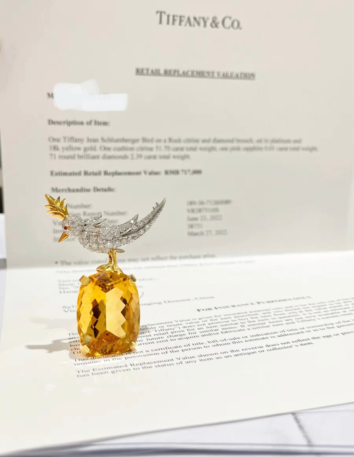 Tiffany  Co. Schlumberger Citrine Diamond Gold Bird on a Rock Brooch