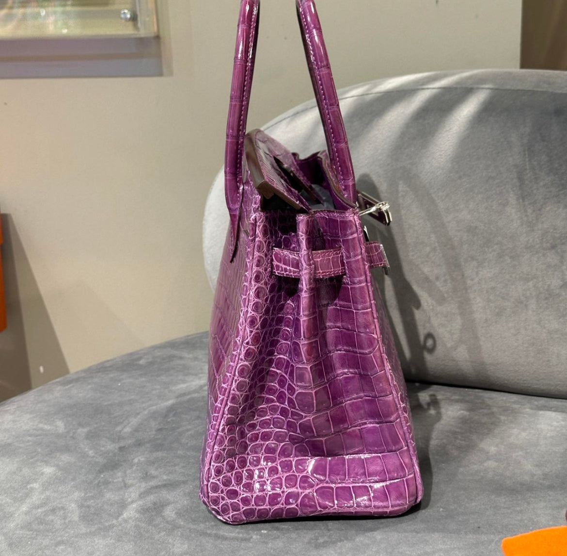 Hermès Birkin 30 Violet Shiny Porosus Crocodile White Gold Diamond Hardware