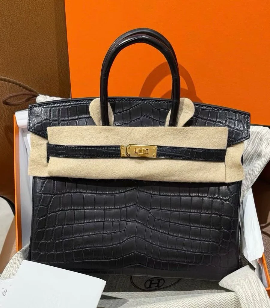 Hermes Birkin 25 Black Matte Niloticus Gold hardware