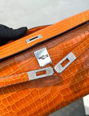 Hermes Kelly Cut Orange Crocodile Leather White Gold Diamond Hardware