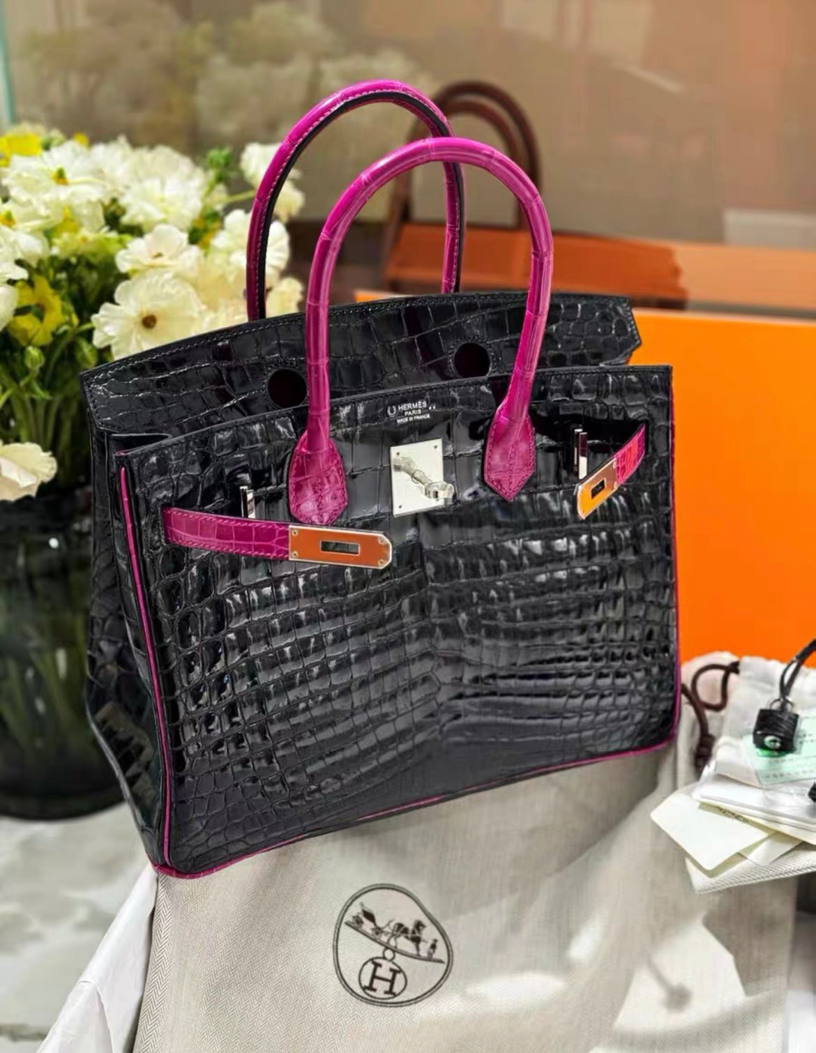Hermes Birkin 30 Niloticus Crocodile Black  Fuchsia Pink Palladium Hardware