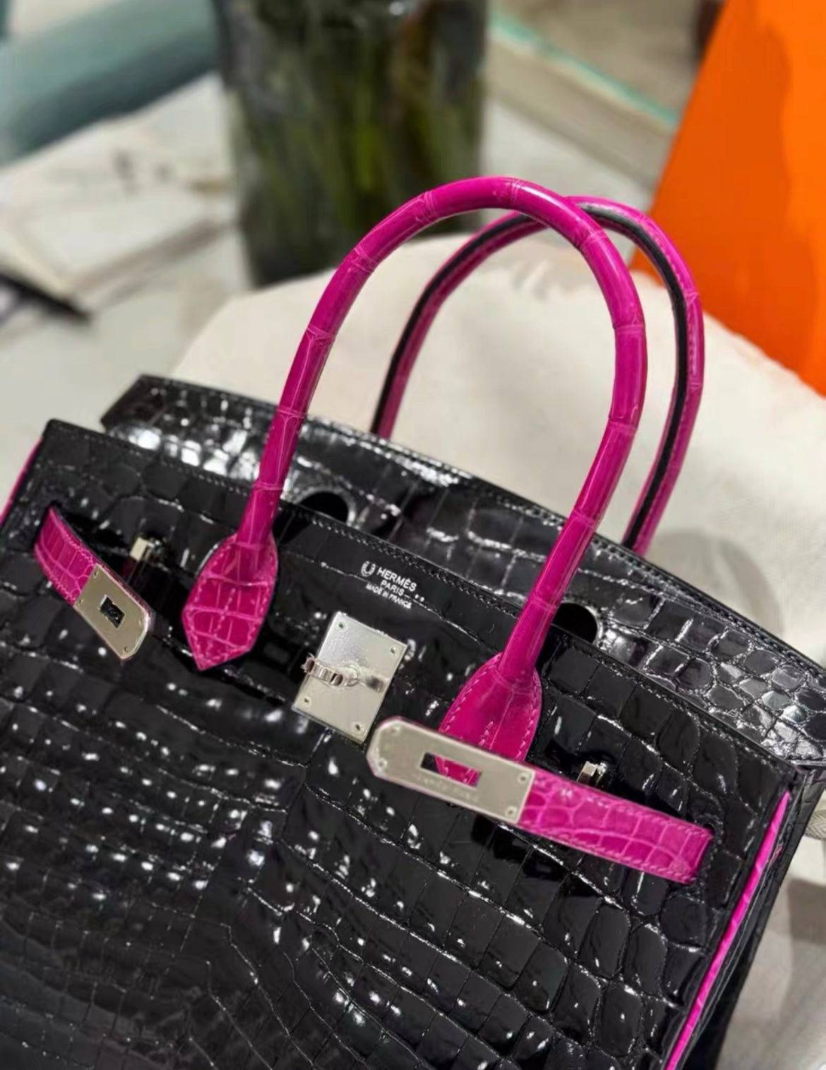 Hermes Birkin 30 Niloticus Crocodile Black  Fuchsia Pink Palladium Hardware