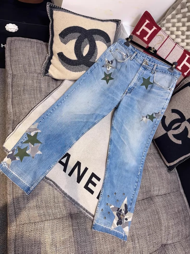 Chrome Hearts Limited Edition Blue Distressed Jeans, Army Green Camouflage Patchwork Star Jeans