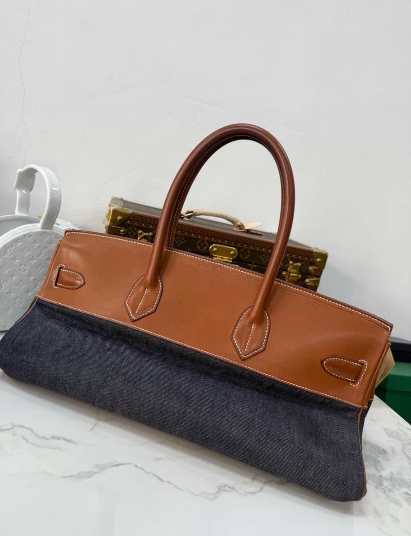 Hermes Shoulder Birkin Saddle leather and denim palladium hardware