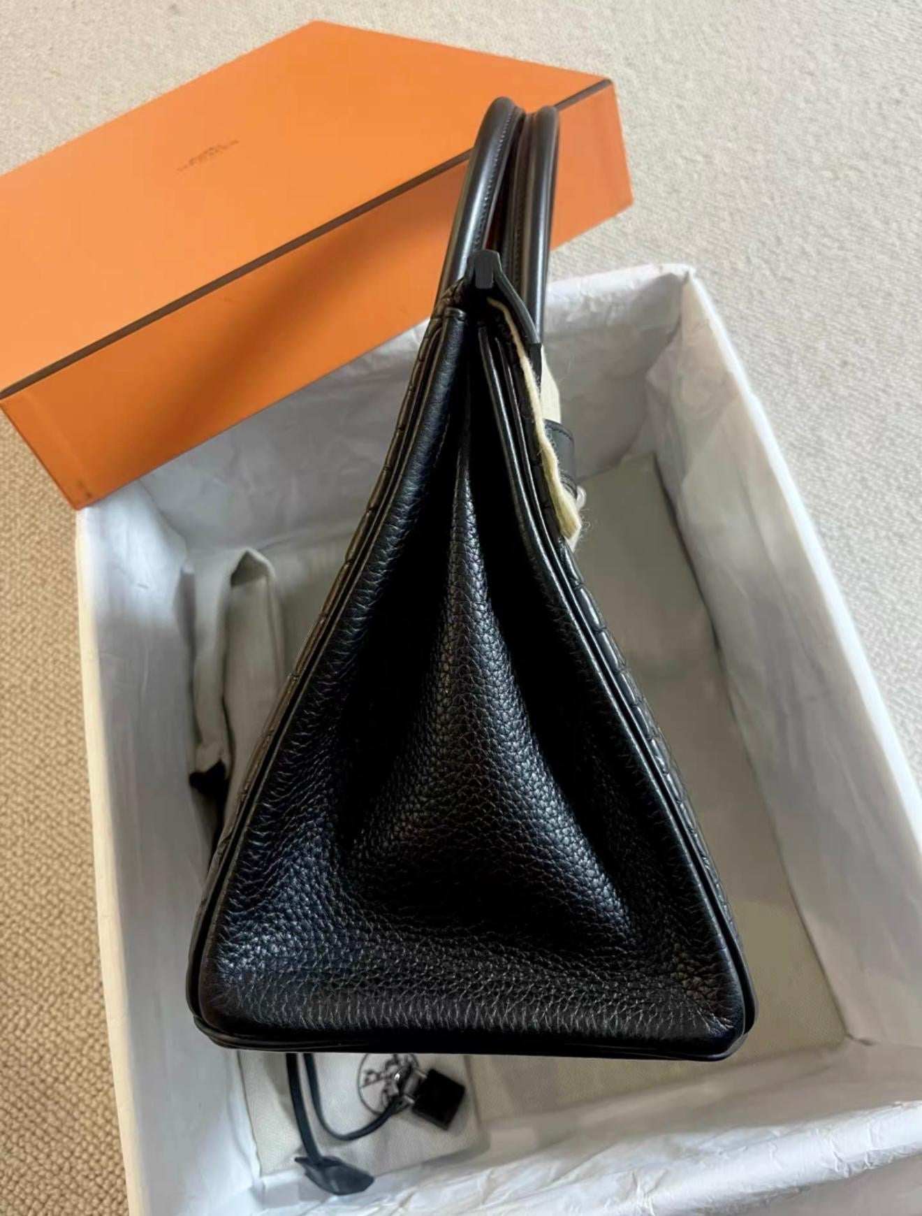Rare Hermes Birkin 30 Black Matte Crocodile Togo  Box Leather Palladium Handbag