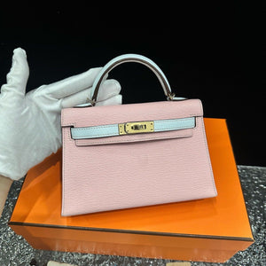 Hermes Mini Kelly II 20 Rose Sakura  Gris Perle Chèvre Gold Hardware