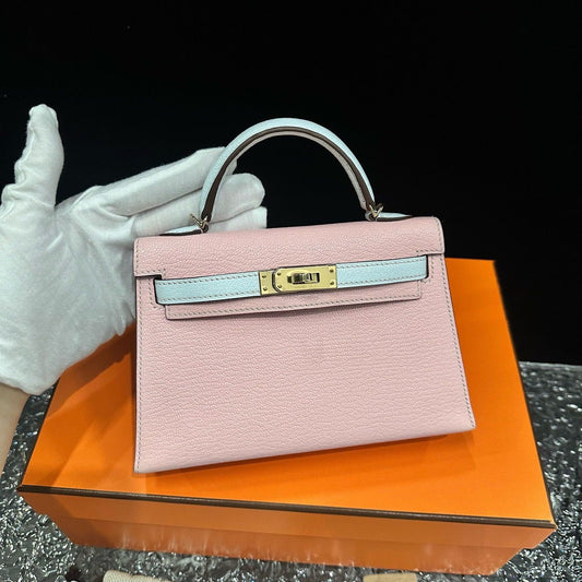 Hermes Mini Kelly II 20 Rose Sakura  Gris Perle Chèvre Gold Hardware