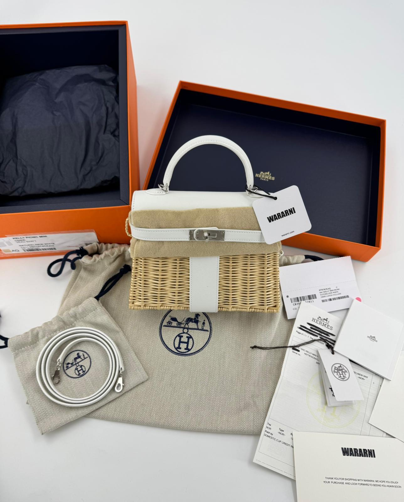 Hermès Mini Kelly 20 “Picnic” White Swift Leather  Palladium Hardware