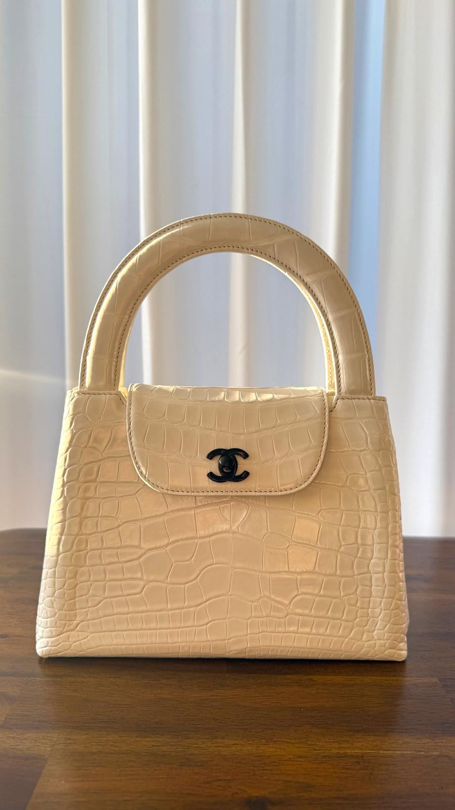 Chanel Vintage White Alligator Medium Kelly Black Hardware— Ultra-Rare House Exotic