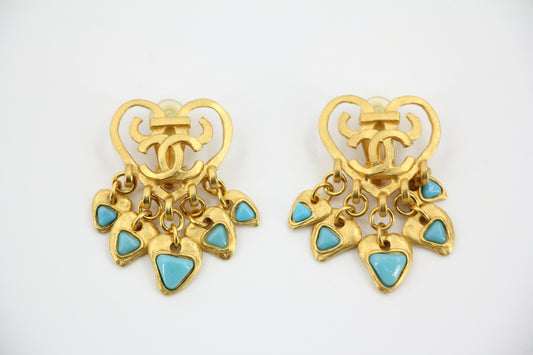 Chanel Vintage 95P Turquoise  Gold Plated Heart Dangle Earrings