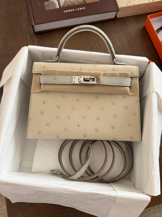 Hermes Mini Kelly 20 Gris Perle / Beton Ostrich Palladium Hardware